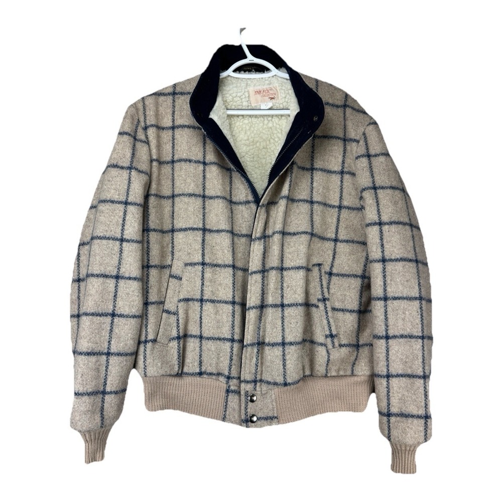 VTG Wool Sherpa Lined Bomber Jacket XL Tall Beige Navy‎ Windowpane Check Preppy